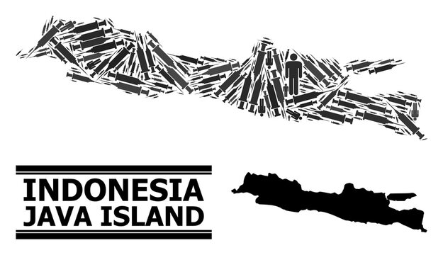 Covid-2019 Treatment mosaic and solid map of Java Island. Vector map of Java Island is created with vaccine symbols and men figures. Illustration for medical posters. Final win over Covid-2019.