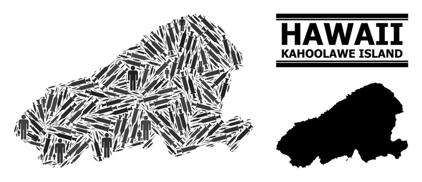 Vaccine mosaic and solid map of Kahoolawe Island. Vector map of Kahoolawe Island is designed of vaccine doses and human figures. Abstraction is useful for outbreak ads.