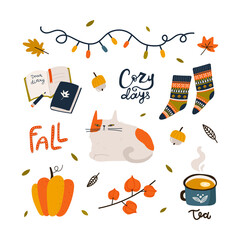 Hand drawn autumn collection. Cartoon cat, socks, pumpkin, mug of tea, garland, physalis, acorns, leaves, lettering. Vector isolated icons for web, apps, sticker print, poster, tag, invitation.