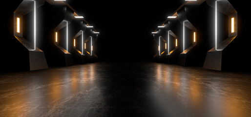 A dark corridor lit by colorful neon lights. Reflections on the floor and walls. 3d rendering image. © Andrey Shtepa
