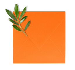 orange envelope and olive tree branch on white background