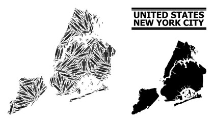 Virus therapy mosaic and solid map of New York City. Vector map of New York City is designed of vaccine doses and people figures. Template designed for outbreak aims.