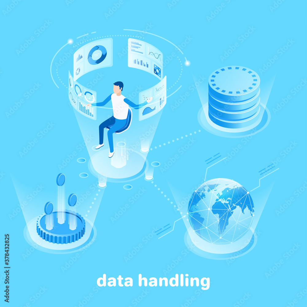 Poster isometric vector image on a blue background, a man in a virtual office working with data, financial 