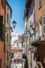 Fototapeta na wymiar View among buildings of Maggiore square, Mondovi, Cuneo, Italy