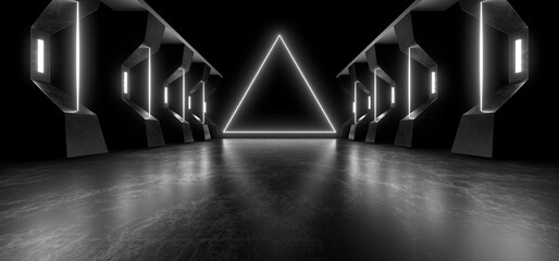 A dark corridor lit by white neon lights. Reflections on the floor and walls. 3d rendering image.