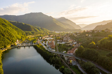Aerial view near Ponte della Maddalena (Ponte del Diavolo) in Lucca, Italy.