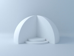 Abstract podium showcase 3d dome structure. white product display or on simple background circles cylinder podium stand. 3d render	
