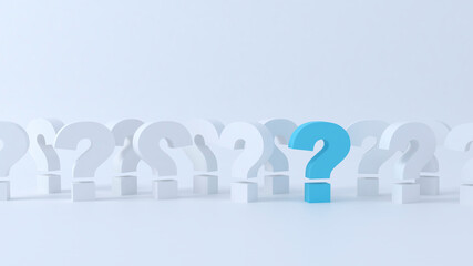 Row of question marks with one blue standing out. Business strategy concept background