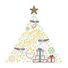 Merry Christmas. Winter holidays. Greeting card. Colorful line icon in a Christmas tree.
