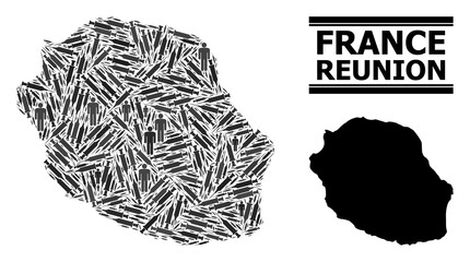 Covid-2019 Treatment mosaic and solid map of Reunion Island. Vector map of Reunion Island is shaped with vaccine doses and people figures. Abstraction is useful for medicine posters.