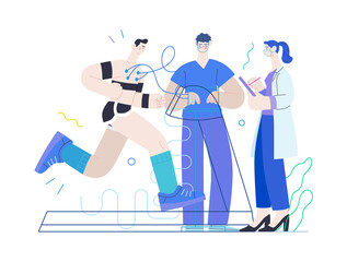 Medical tests template - cardiac stress test -modern flat vector concept digital illustration of stress test procedure -patient with sensors on treadmill and doctors carrying out procedure, laboratory