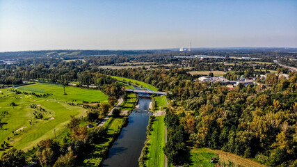 rzeka Olza z lotu ptaka w okolicy Karwiny, Czechy