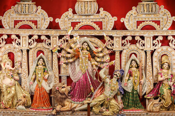 October 2018,Kolkata,West Bengal, India.Godess Durga idol in a Pandal.Durga Puja is the most...