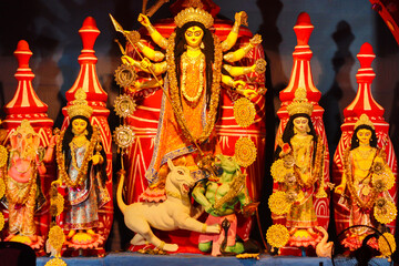 October 2018,Kolkata,West Bengal, India.Godess Durga idol in a Pandal.Durga Puja is the most...