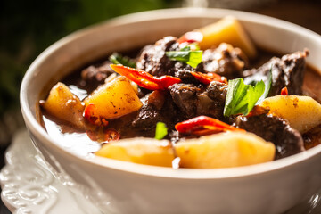 Bowl of goulash with meat, potatoes, chillies and parsley