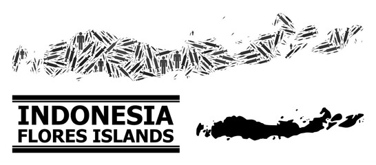Vaccine mosaic and solid map of Indonesia - Flores Islands. Vector map of Indonesia - Flores Islands is shaped with syringes and people figures. Abstraction is useful for safety aims.