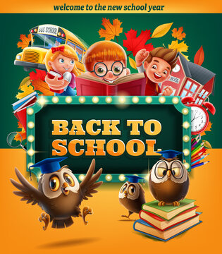 back to school concept with kids and owls