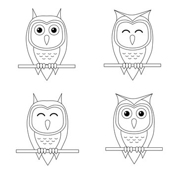 Set of outline cartoon owl sitting on a branch isolated on white background. Coloring page.