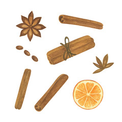 Christmas spice, anise, cinnamon, orange slice winter holiday celebration watercolor illustration, greeting card festive mood simple pattern, invitation