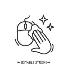 Disinfecting computer mouse line icon. Safety workplaces. Surface disinfection. Safety space and preventative measures. Preventing virus spread concept. Isolated vector illustration. Editable stroke