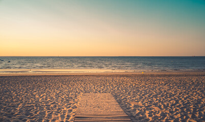 Panorama of Re island beaches at sunrise with a very calm sea. beautiful minimalist seascape....