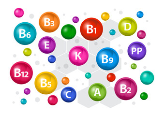 Colorful multivitamin complex for health. Vitamin A, B1, B2, B3, B5, B6, B9, B12, C, D, E, K, PP. Vector illustration