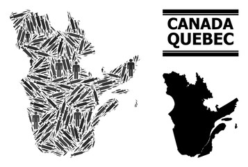 Covid-2019 Treatment mosaic and solid map of Quebec Province. Vector map of Quebec Province is organized with vaccine symbols and human figures. Abstraction for isolation templates.