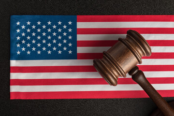 Justice mallet on US flag. Law and justice. Rights of citizens