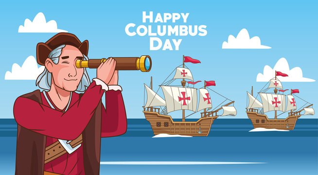 Columbus day celebration scene of christopher using telescope and caravels