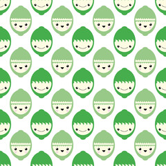 Cute kawaii green lime seamless vector pattern background. Laughing cartoon tropical citrus fruit on white backdrop. Fun quirky faces design. All over print for kids healthy food concept.