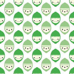 Cute kawaii green lime seamless vector pattern background. Laughing cartoon tropical citrus fruit on white backdrop. Fun quirky faces design. All over print for kids healthy food concept.