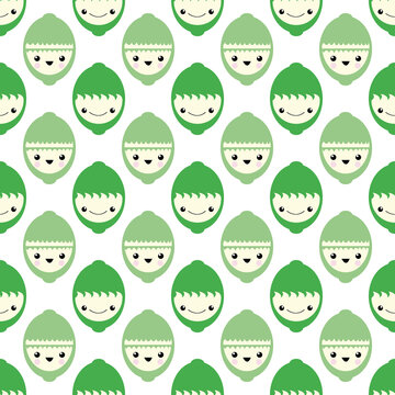 Cute Kawaii Green Lime Seamless Vector Pattern Background. Laughing Cartoon Tropical Citrus Fruit On White Backdrop. Fun Quirky Faces Design. All Over Print For Kids Healthy Food Concept.