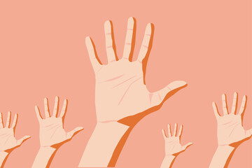Contemporary art illustration collage. Concept of Helping. Five open pink hands showing their palm with a dark pink background. Vector illustration