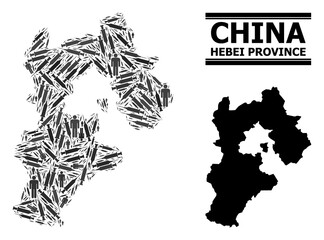 Fototapeta na wymiar Vaccination mosaic and solid map of Hebei Province. Vector map of Hebei Province is shaped with vaccine doses and men figures. Template is useful for pandemic ads. Final win over asian flu.