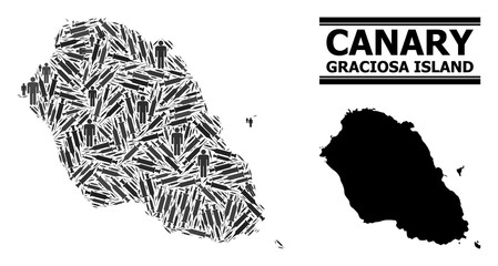 Inoculation mosaic and solid map of Graciosa Island. Vector map of Graciosa Island is shaped of vaccine symbols and men figures. Abstraction is useful for safety purposes.