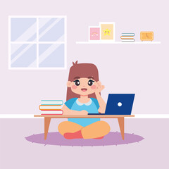 Girl studying in home. Home education - Vector