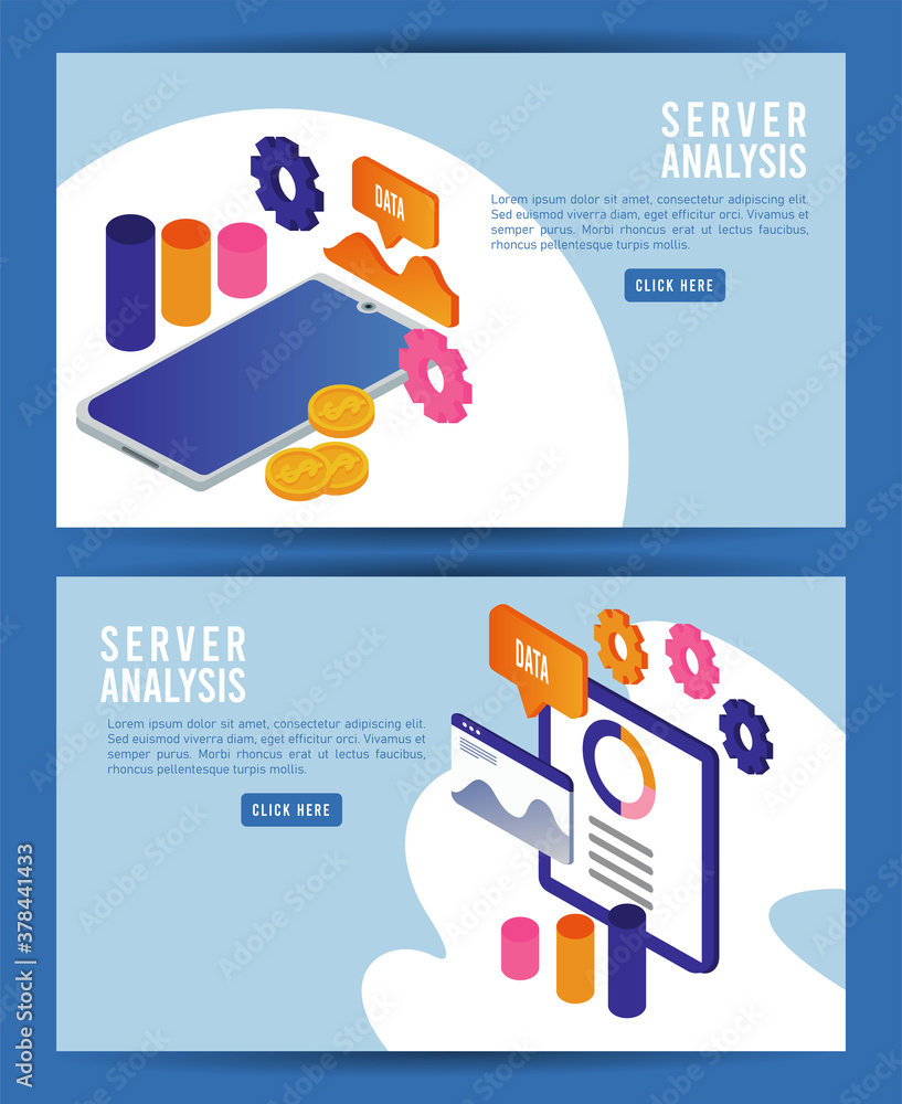 Poster data analysis tech with tablet and smartphone devices
