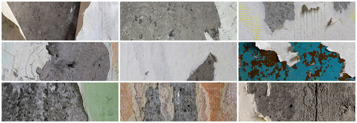 Set of textures of old torn paper wallpaper. Tattered scraps of paper on a concrete walls. Collection of wide panoramic vintage backgrounds for design.