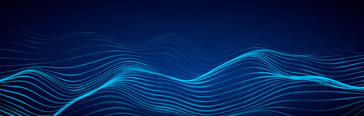 Obraz premium Wave of particles on dark background. Technology backdrop. Pattern for presentations. Vector illustration