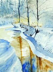 Christmas Card Scene Icy River Snow Watercolour Painting Illustration Vector