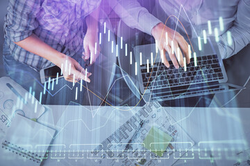 Multi exposure of man and woman working together and forex graph hologram drawing. Financial analysis concept. Computer background. Top View.