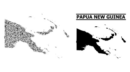 Vaccination mosaic and solid map of Papua New Guinea. Vector map of Papua New Guinea is composed from injection needles and people figures. Illustration is useful for pandemic alerts.