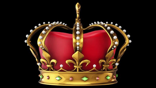 Golden royal crown rotates on an alpha channel background in a seamless loop.