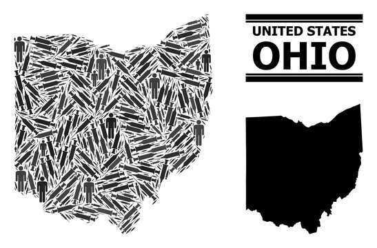 Virus Therapy Mosaic And Solid Map Of Ohio State. Vector Map Of Ohio State Is Designed From Syringes And People Figures. Abstraction Is Useful For Pandemic Posters. Final Win Over Virus Outbreak.