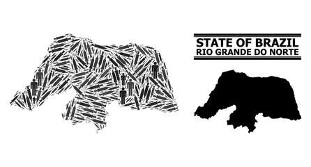 Syringe mosaic and solid map of Rio Grande do Norte State. Vector map of Rio Grande do Norte State is formed with vaccine doses and people figures. Abstraction is useful for outbreak aims.