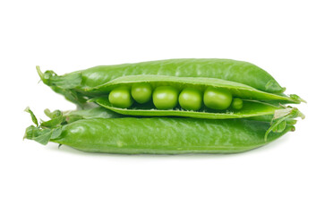 pods of green peas bunch isolated on white background