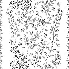 Elegant line art wild meadow grass seamless vector pattern background. Black and white backdrop of scattered leaves victorian style vertical geometric design. Botanical foliage all over print.