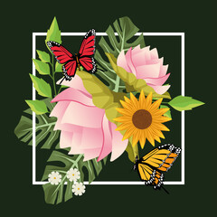 floral background in square frame with butterflies and flowers