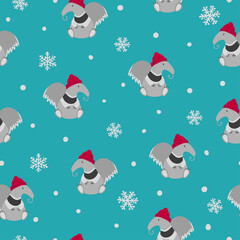 Seamless Christmas pattern with cute ant eater and snowflakes. Winter vector illustration.
