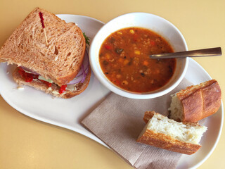 Vegan soup and sandwich with bread